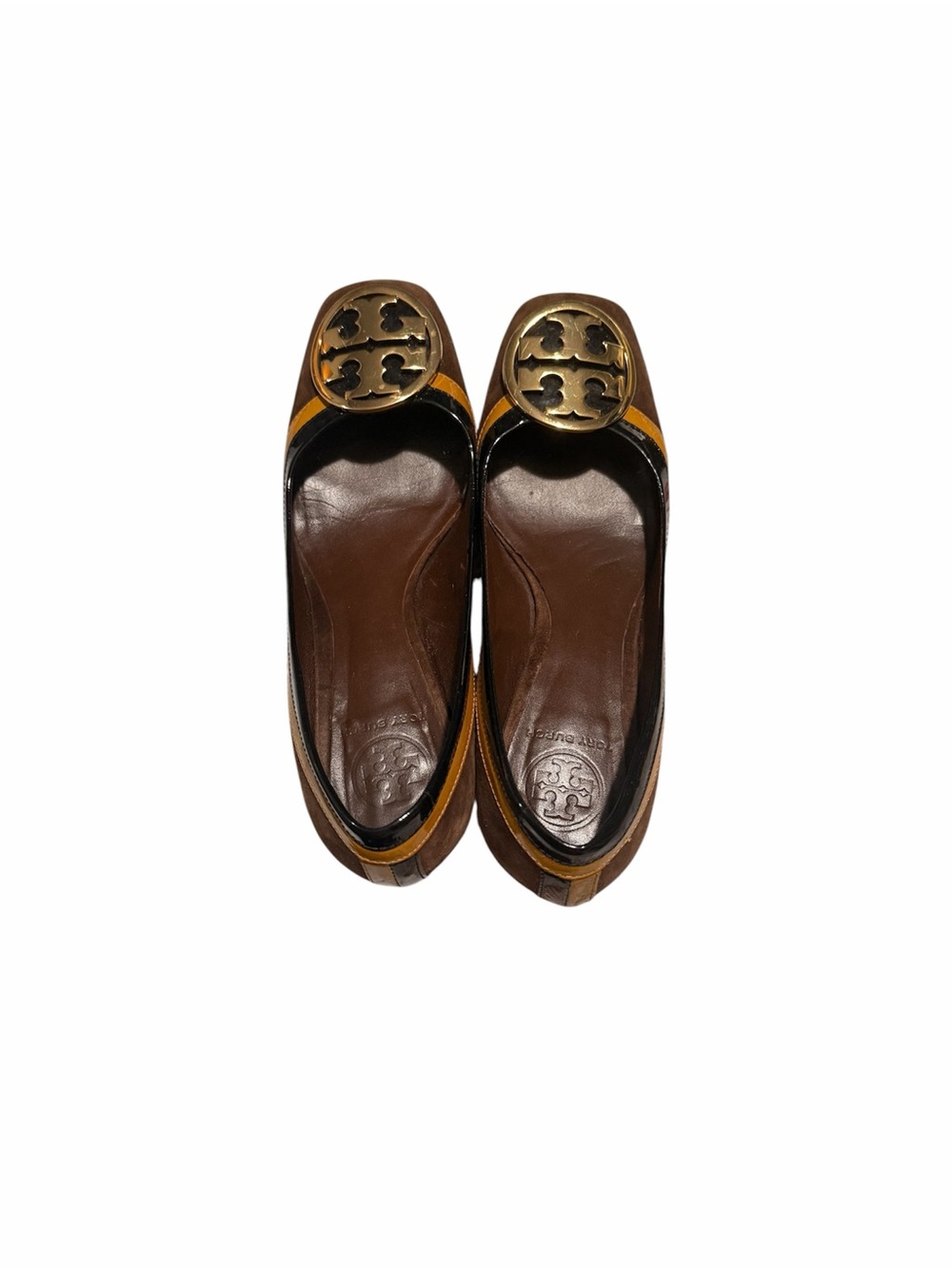 Tory Burch Brown Suede Heels with Yellow Trim & Gold Logo - Picture 4 of 5
